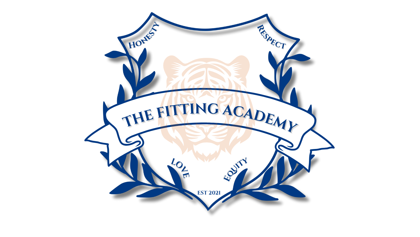 TFA logo- collegiate shield with tiger centered and academy values cornered; love, honesty, respect, equity